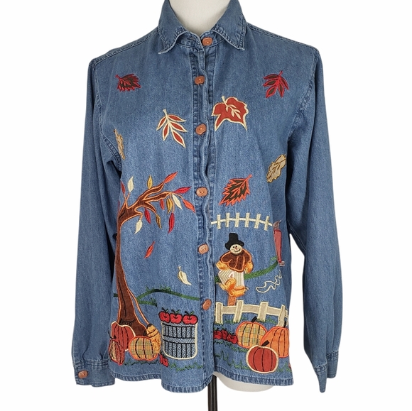 Tantrums Tops - Vintage denim Bluejean fall embroidered pumpkin button up long sleeve shirt M
